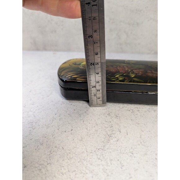 Hand-Painted Russian Lacquer Box – Peacock Scene – Long Trinket Box Red Interior - Picture 9 of 9